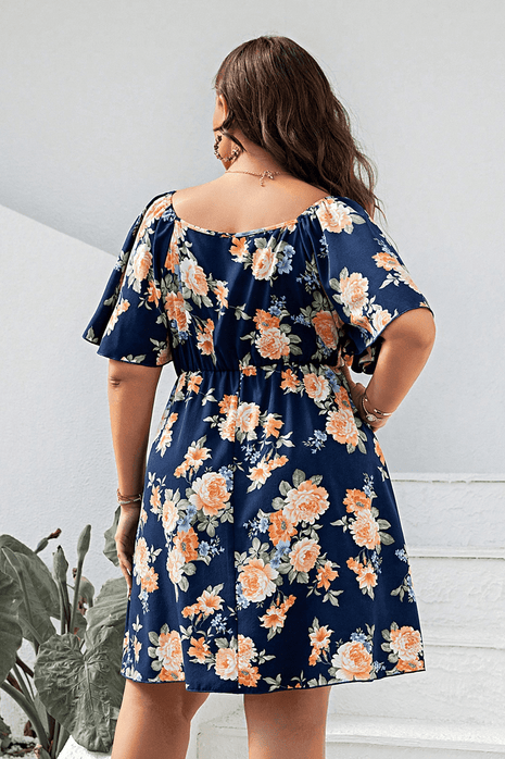 Plus Size Floral Print V-Neck Flutter Sleeve Mini Dress - MimiStylez