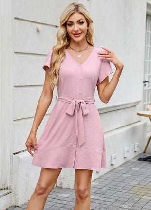 Tied Button Up Short Sleeve Mini Shirt Dress - MimiStylez