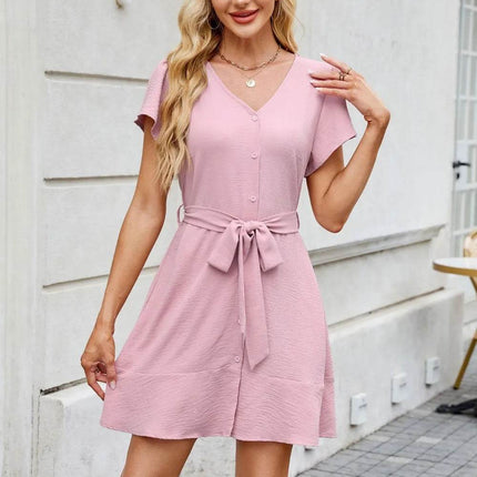 Tied Button Up Short Sleeve Mini Shirt Dress - MimiStylez