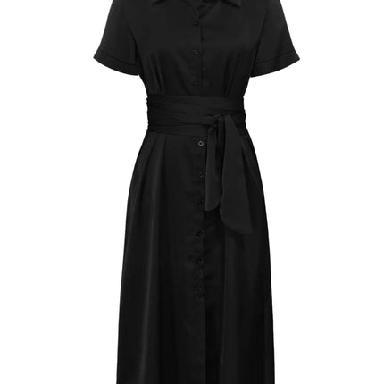 Button Down Belted Midi Shirt Dress - MimiStylez