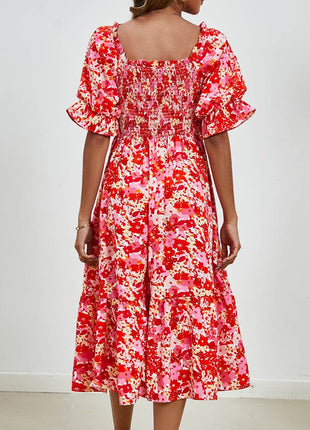 Smocked Floral Square Neck Short Sleeve Dress - MimiStylez