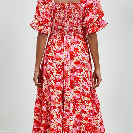 Smocked Floral Square Neck Short Sleeve Dress - MimiStylez