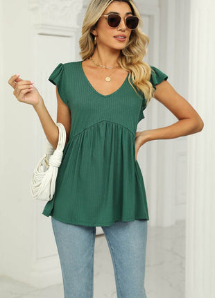 V-Neck Flutter Sleeve Babydoll Blouse - MimiStylez