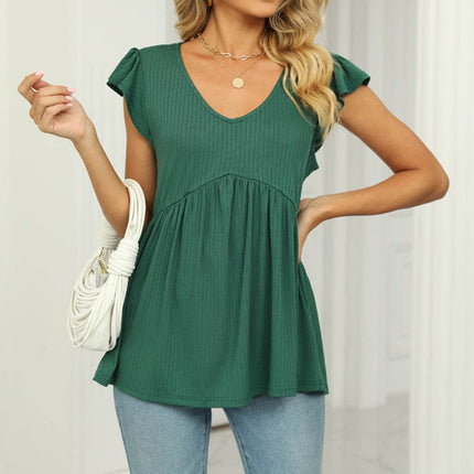V-Neck Flutter Sleeve Babydoll Blouse - MimiStylez