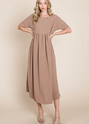 BOMBOM Round Neck Ruched Midi Dress - MimiStylez