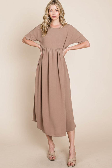 BOMBOM Round Neck Ruched Midi Dress - MimiStylez