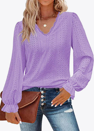 Eyelet V-Neck Flounce Sleeve Blouse - MimiStylez