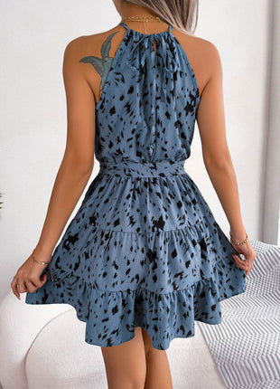 Halter Neck Printed Tie Waist Sleeveless Mini Dress - MimiStylez