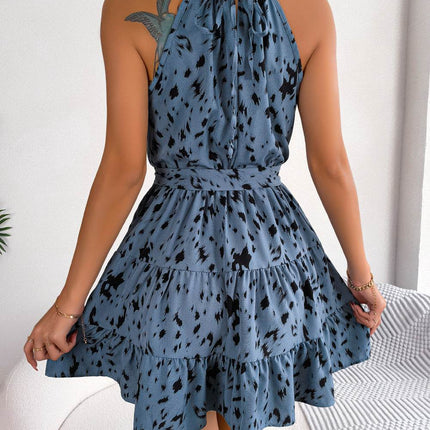 Halter Neck Printed Tie Waist Sleeveless Mini Dress - MimiStylez