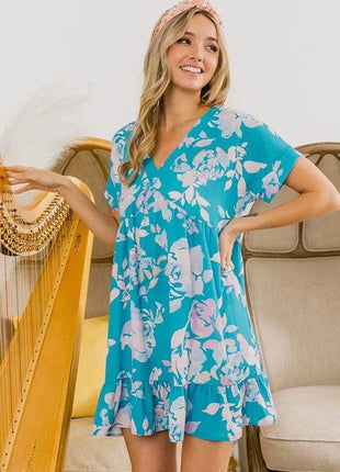 BiBi Floral Crinkle Shirred Ruffle Detail V Neck Dress - MimiStylez