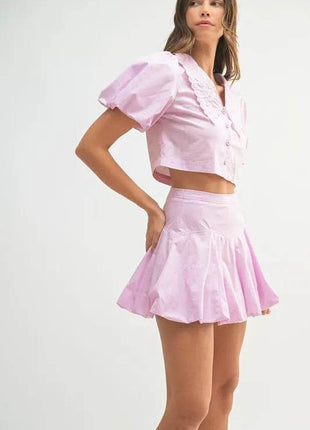 MABLE Puff Sleeve Button Down Top and Bubble Skirt Set - MimiStylez
