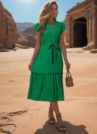 Tied Notched Cap Sleeve Dress - MimiStylez