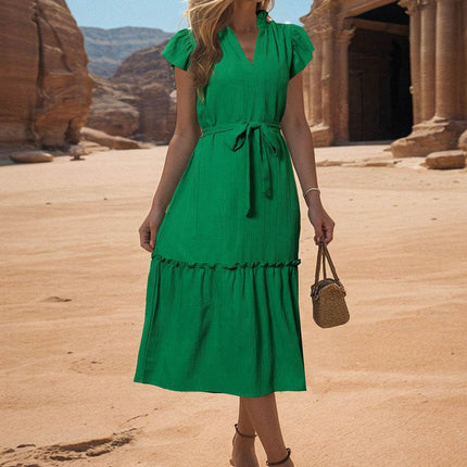 Tied Notched Cap Sleeve Dress - MimiStylez