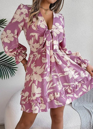 Tied Ruffled Printed Long Sleeve Dress - MimiStylez