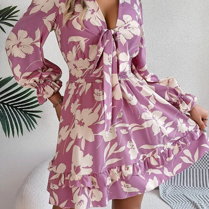 Tied Ruffled Printed Long Sleeve Dress - MimiStylez