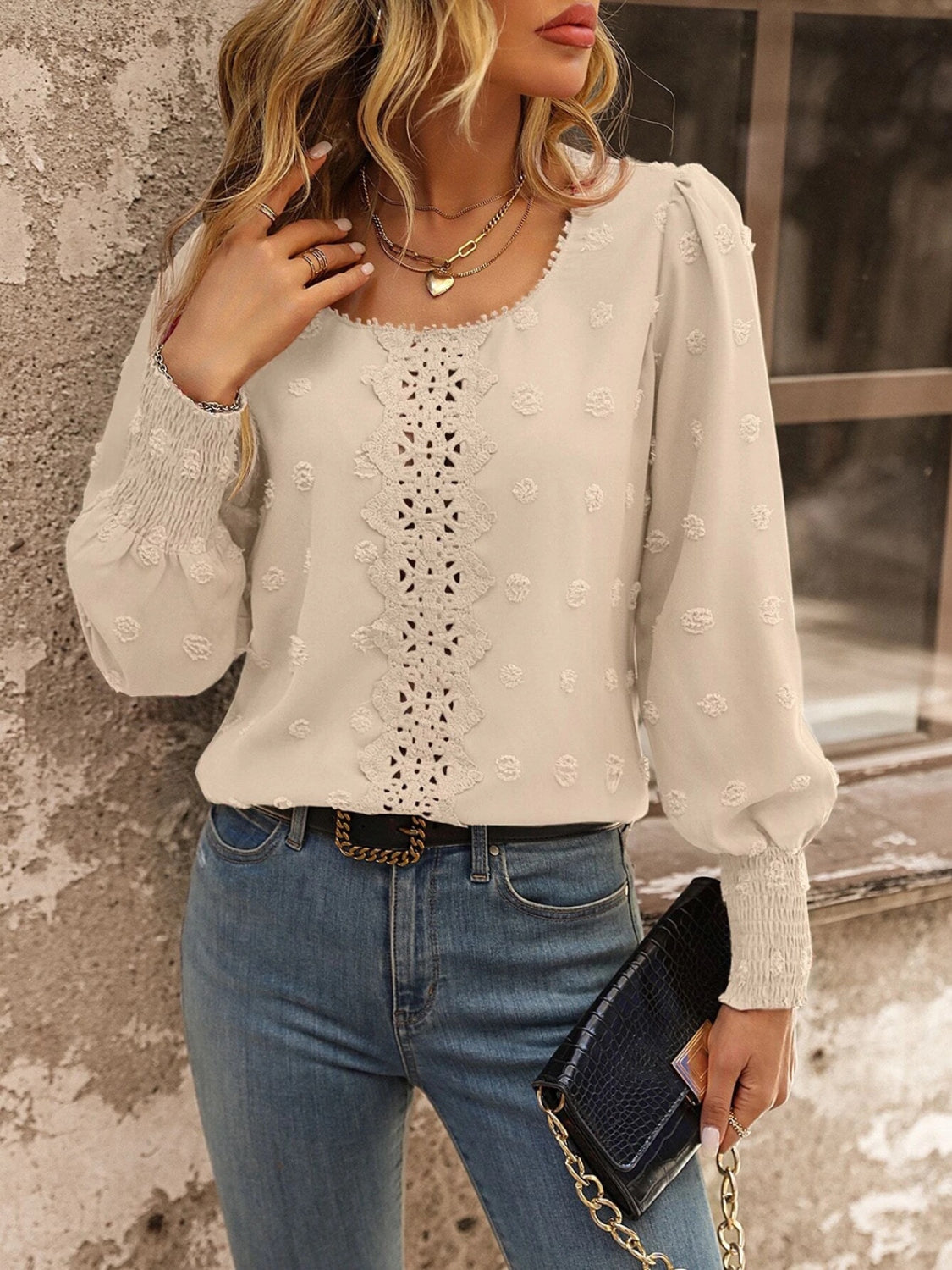 Swiss Dot Lace Detail Blouse