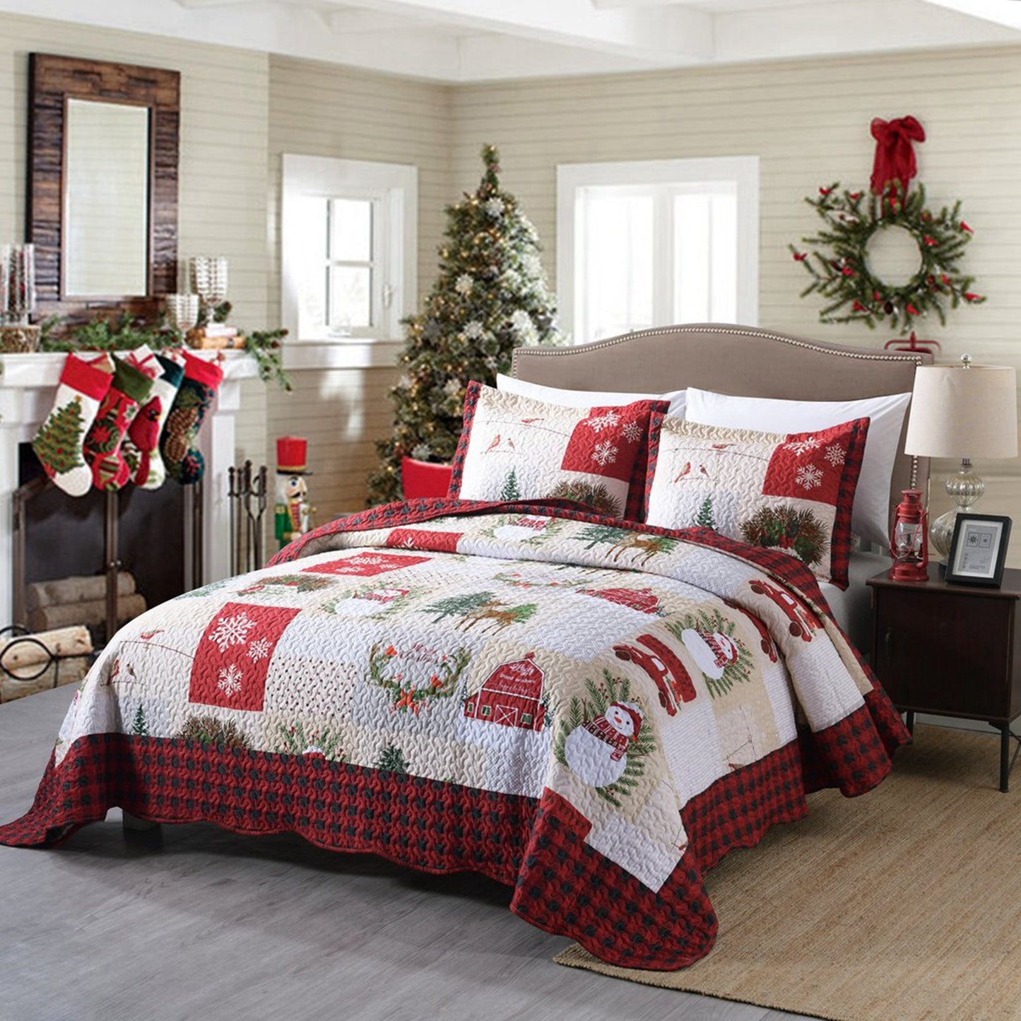 3 Pcs Christmas Quilt Bedspread Set Snowman Reversible Quilt Set Coverlet Set