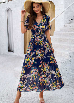 Smocked Floral V-Neck Short Sleeve Dress - MimiStylez