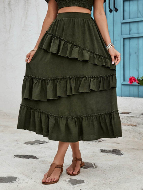 Ruffled Elastic Waist Midi Skirt - MimiStylez