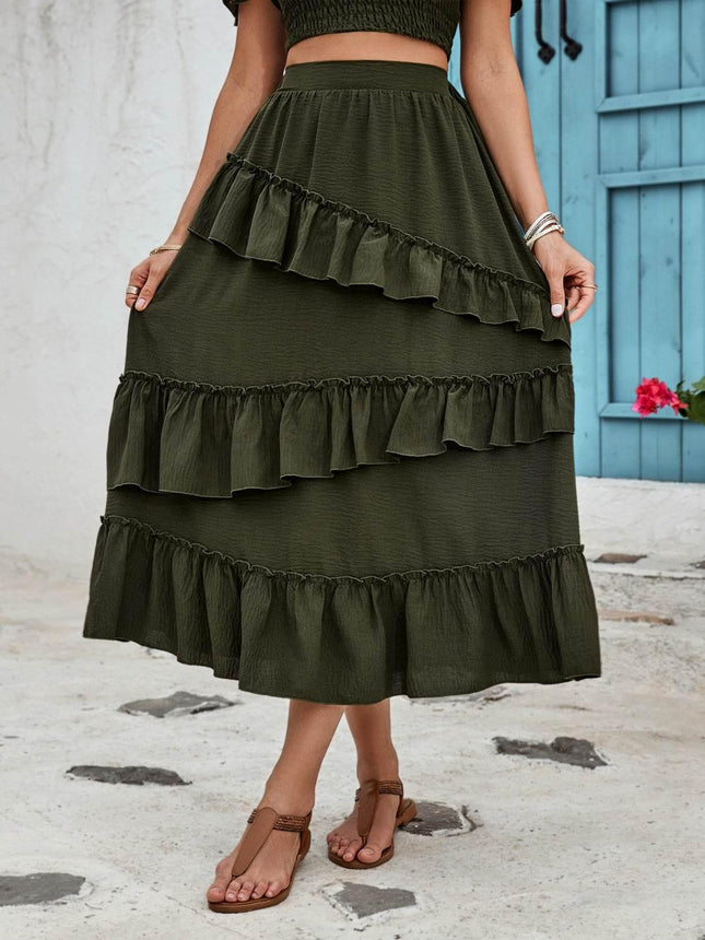 Ruffled Elastic Waist Midi Skirt - MimiStylez