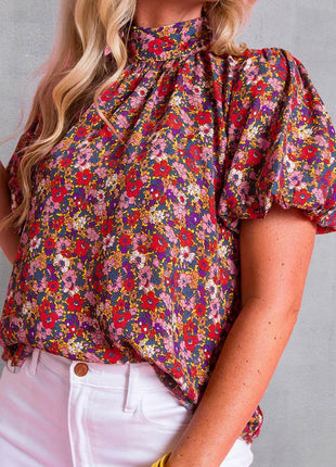 Printed Mock Neck Short Sleeve Blouse - MimiStylez