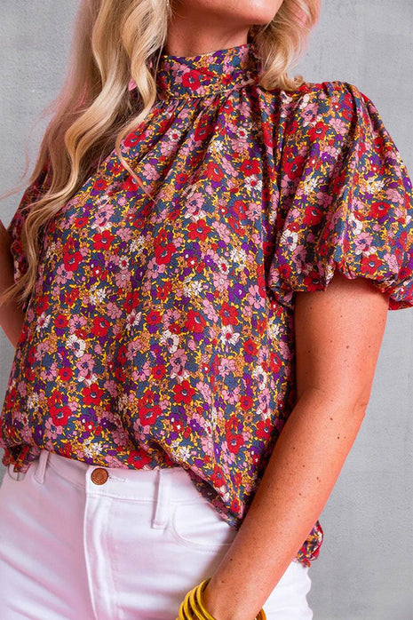 Printed Mock Neck Short Sleeve Blouse - MimiStylez