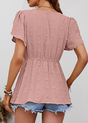 Swiss Dot Buttoned Petal Sleeve Peplum Blouse - MimiStylez