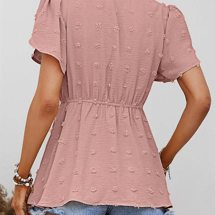 Swiss Dot Buttoned Petal Sleeve Peplum Blouse - MimiStylez