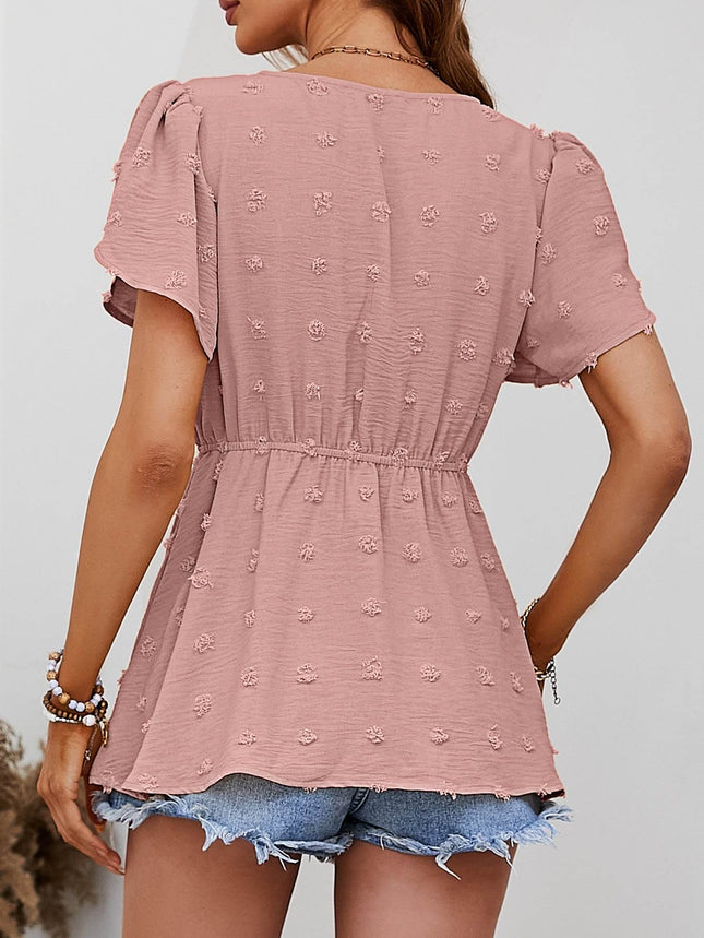 Swiss Dot Buttoned Petal Sleeve Peplum Blouse - MimiStylez