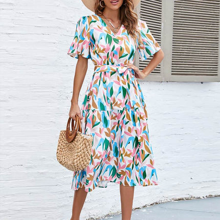 Printed Tie-Waist V-Neck Flutter Sleeve Dress - MimiStylez