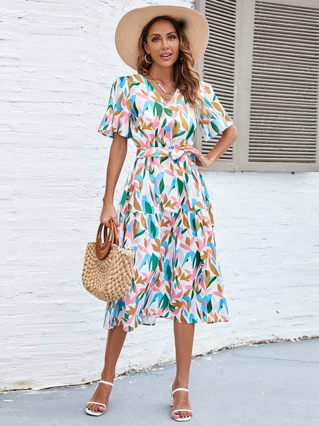 Printed Tie-Waist V-Neck Flutter Sleeve Dress - MimiStylez