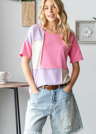 HOPELY Full Size Color Block Exposed Seam T-Shirt - MimiStylez