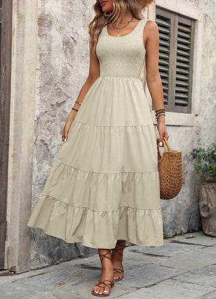 Smocked Scoop Neck Sleeveless Tank Dress - MimiStylez