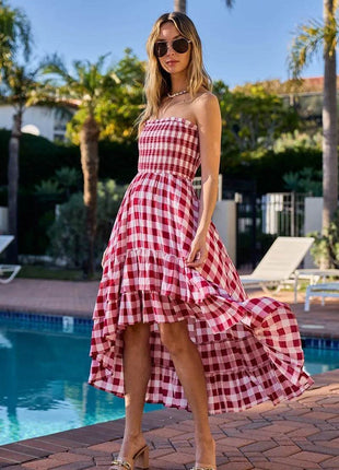 BiBi Smocked Body Off Shoulder Check Dress - MimiStylez