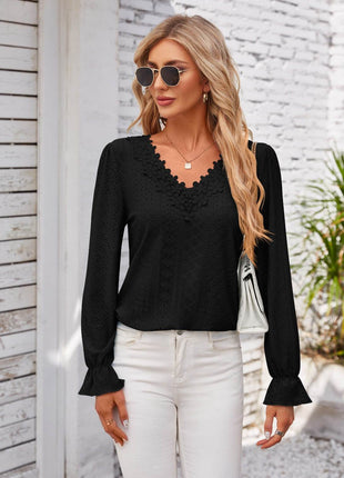 Applique V-Neck Flounce Sleeve T-Shirt - MimiStylez