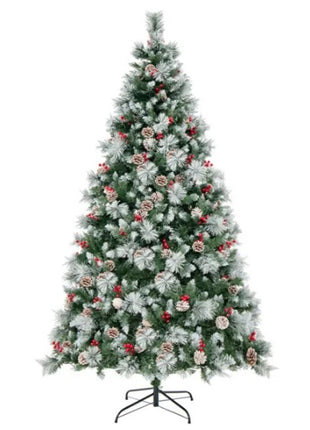 7ft Pre-Lit Christmas Tree - 70 Red Berries  70 Pine Cones, Changeable Lights & Auto-Stretching Branches, Ideal For Home Office Parties
