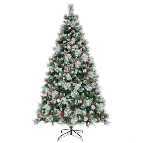 7ft Pre-Lit Christmas Tree - 70 Red Berries  70 Pine Cones, Changeable Lights & Auto-Stretching Branches, Ideal For Home Office Parties