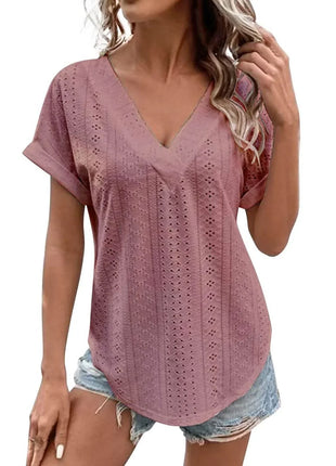Eyelet V-Neck Short Sleeve Blouse - MimiStylez