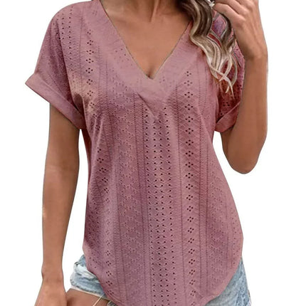 Eyelet V-Neck Short Sleeve Blouse - MimiStylez
