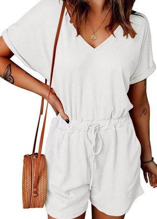 Full Size Drawstring V-Neck Short Sleeve Romper - MimiStylez