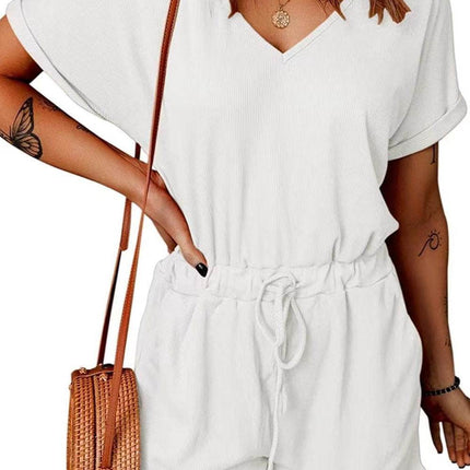 Full Size Drawstring V-Neck Short Sleeve Romper - MimiStylez