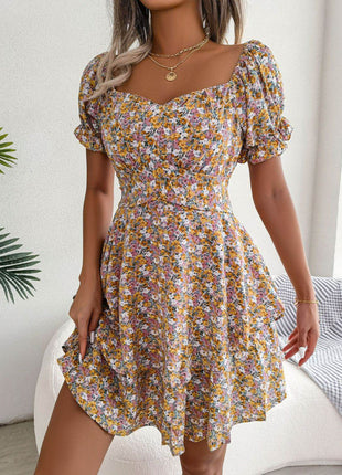 Floral Sweetheart Neck Flounce Sleeve Mini Dress - MimiStylez
