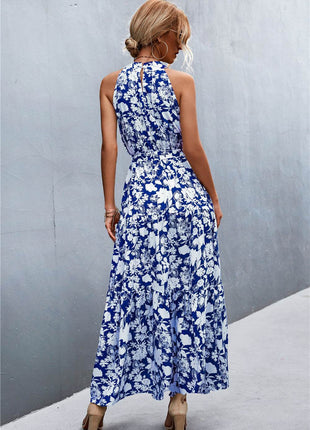 Printed Sleeveless Tie Waist Maxi Dress - MimiStylez