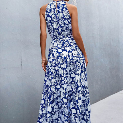 Printed Sleeveless Tie Waist Maxi Dress - MimiStylez