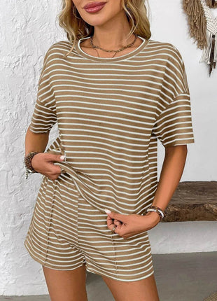 Striped Round Neck Short Sleeve Top and Shorts Set - MimiStylez