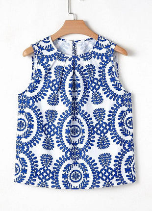 Printed Crew Neck Sleeveless Top - MimiStylez