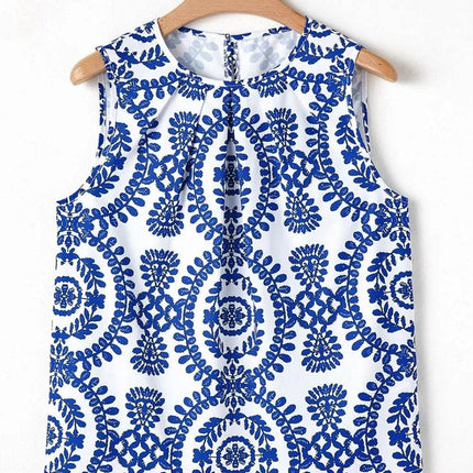 Printed Crew Neck Sleeveless Top - MimiStylez