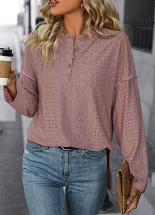 Eyelet Round Neck Long Sleeve Top - MimiStylez