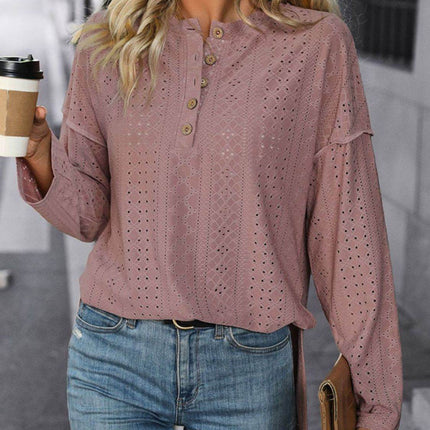 Eyelet Round Neck Long Sleeve Top - MimiStylez