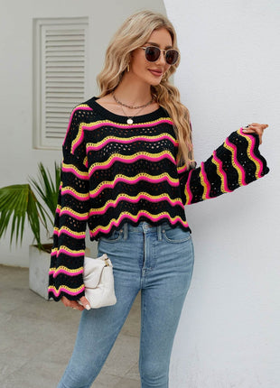 Round Neck Openwork Flare Sleeve Knit Top - MimiStylez